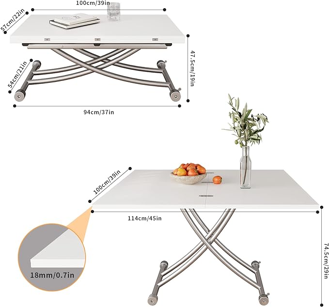 Height Adjustable Folding Dining Table Lift Top Coffee Table Converts to Dining Table with Sturdy Cross Metal Legs, Multi-Functional Space Saving Transform Table, White - LeafyLoom