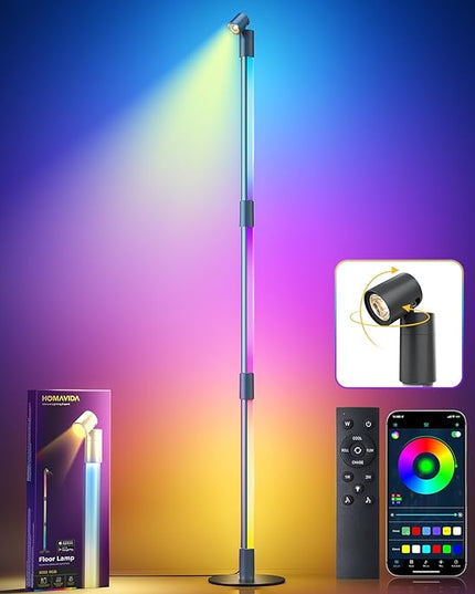 Corner Floor Lamp with Spotlight on Top, Smart RGB Color Changing Led Lights for Mood, 360° Rotating, 16 Million DIY, Remote & App, Music Sync Standing Ambient Lighting for Bedrooms Teen Kid - LeafyLoom