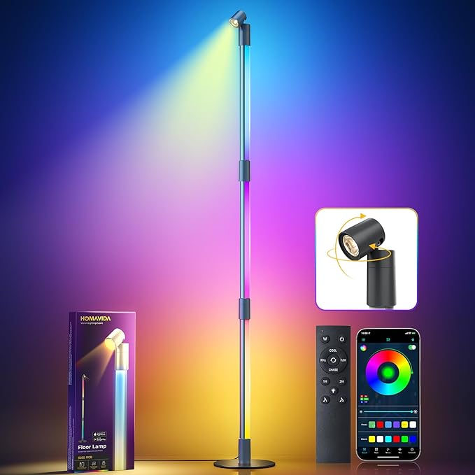 Corner Floor Lamp with Spotlight on Top, Smart RGB Color Changing Led Lights for Mood, 360° Rotating, 16 Million DIY, Remote & App, Music Sync Standing Ambient Lighting for Bedrooms Teen Kid - LeafyLoom