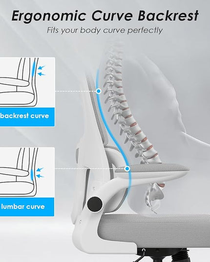 Soohow Ergonomic Home Office Chair, Mesh Desk Chair with Lumbar Support, Comfy Computer Desk Chair with Flip Armrest Rolling Wheels, Adjustable Headrest, Grey. - LeafyLoom