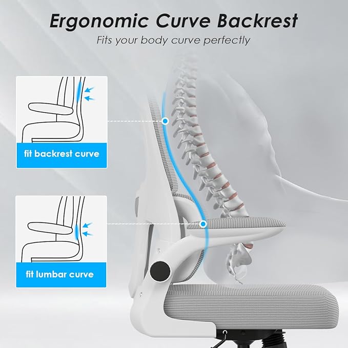 Soohow Ergonomic Home Office Chair, Mesh Desk Chair with Lumbar Support, Comfy Computer Desk Chair with Flip Armrest Rolling Wheels, Adjustable Headrest, Grey. - LeafyLoom