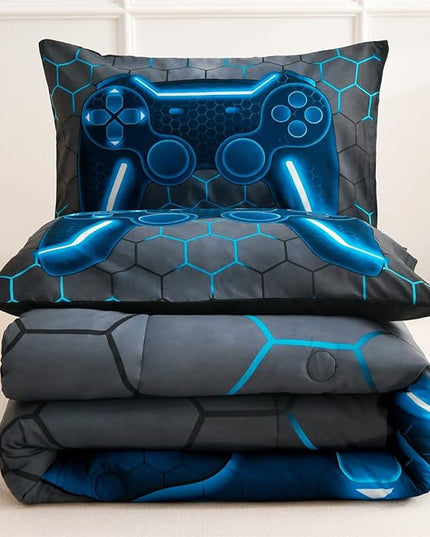 NTBED Game Console Comforter Set for Boys Girls Kids 3D Gaming Geometric Lightweight Microfiber Bedding Sets (blue, Queen) - LeafyLoom