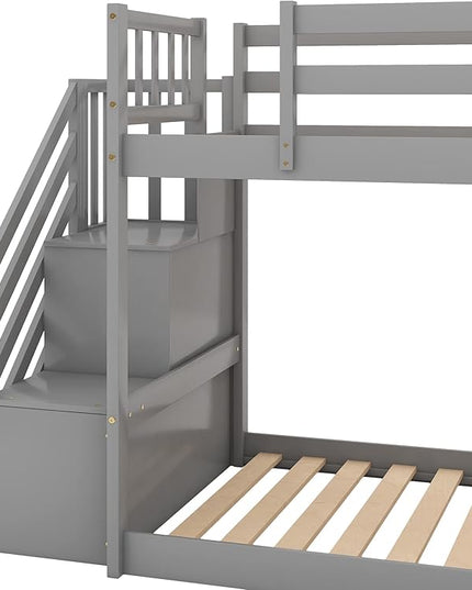 Twin Bunk Bed with Convertible Slide and Stairs, Wooden Low BunkBed Frame for Kids Teens Bedroom, Dorm, Gray - LeafyLoom