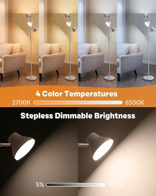 LED Tree Floor Lamp Silver, 36W Super Bright Standing Lamp with Remote Control, 4 Color Temperatures, 3 Rotatable LED Lights, Dimmable Floor Lamps for Living Room, Bedroom, Office - LeafyLoom