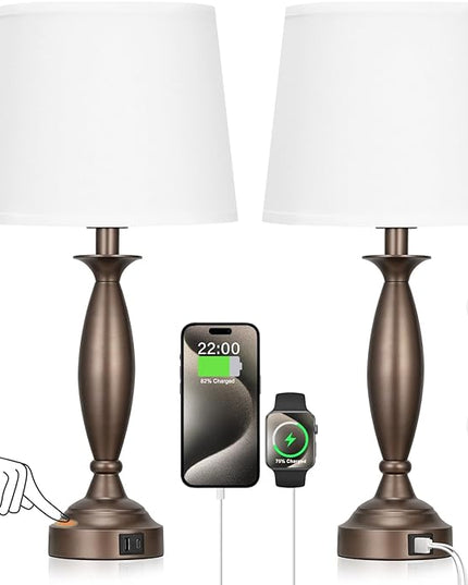 White Brown Lamps for Bedrooms Set of 2 - Touch Control Bedside Lamp with USB C+A, 3 Way Dimmable Nightstand Lamps with USB Port, Table Lamp for Living Room(White Shade and Brown Base) - LeafyLoom