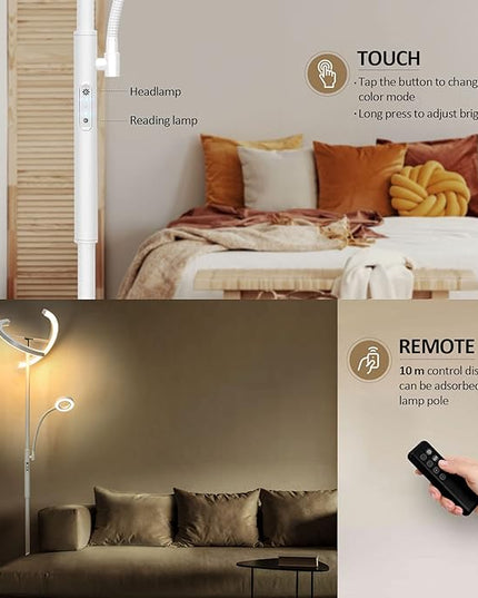 FIMEI Split Floor Lamp with Reading Light, Modern Bright LED Rotatable Standing Lamp with Stepless Dimming and 3000K-6000K Color for Living Room Bedroom Office, Touch and Remote Control, White - LeafyLoom