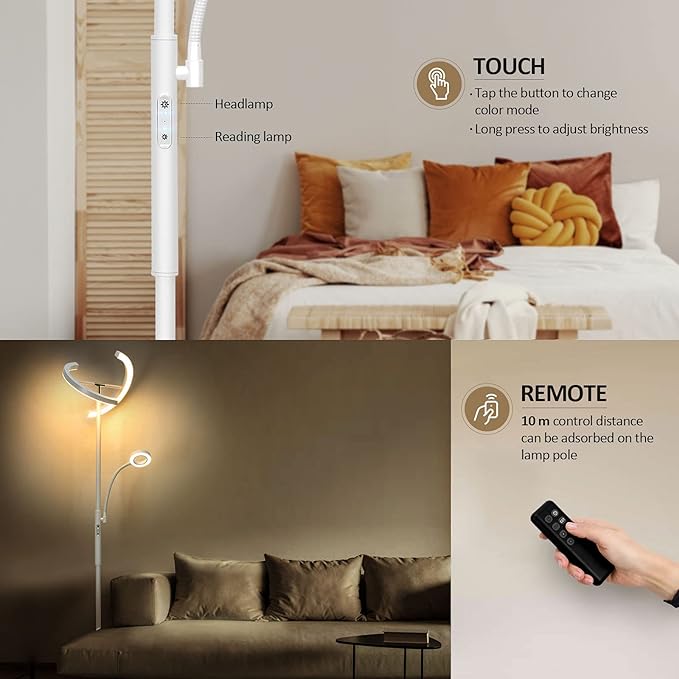 FIMEI Split Floor Lamp with Reading Light, Modern Bright LED Rotatable Standing Lamp with Stepless Dimming and 3000K-6000K Color for Living Room Bedroom Office, Touch and Remote Control, White - LeafyLoom