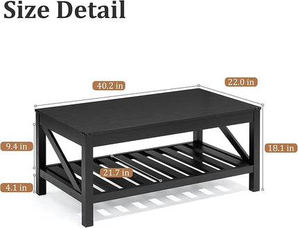 Farmhouse Coffee Table with 2-Tier Shelves - Rectangular Coffee Table with Storage for Living Room, Wood Coffee Table with Sturdy Frame, Black - LeafyLoom