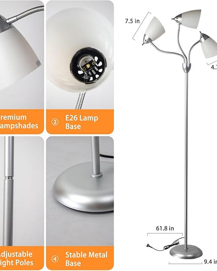 DINGLILIGHTING Floor Lamp Tall for Bedroom: Silver Standing Lamp Reading for Living Room Home Study Room Office - Modern Led Floor Light 3-Light Adjustable Flexible Gooseneck Metal Multi Head - LeafyLoom
