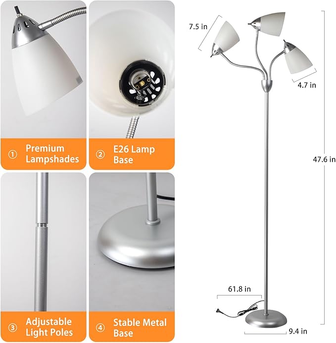 DINGLILIGHTING Floor Lamp Tall for Bedroom: Silver Standing Lamp Reading for Living Room Home Study Room Office - Modern Led Floor Light 3-Light Adjustable Flexible Gooseneck Metal Multi Head - LeafyLoom