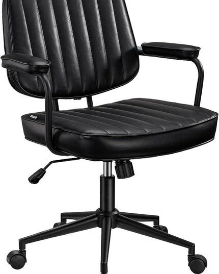 Artswish Mid Century Office Chair, Black Leather Desk Chair with Wheels and Arms, Adjustable Seat Height and Backrest, Suitable for Home or Office Use - LeafyLoom