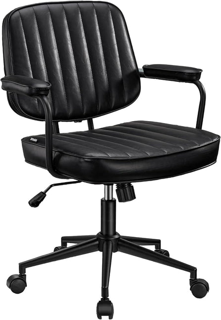 Artswish Mid Century Office Chair, Black Leather Desk Chair with Wheels and Arms, Adjustable Seat Height and Backrest, Suitable for Home or Office Use - LeafyLoom