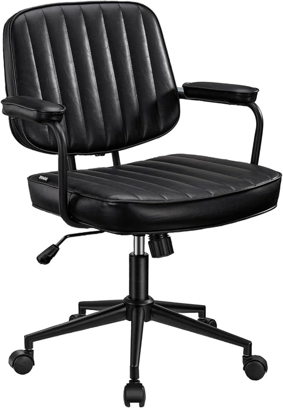 Artswish Mid Century Office Chair, Black Leather Desk Chair with Wheels and Arms, Adjustable Seat Height and Backrest, Suitable for Home or Office Use - LeafyLoom
