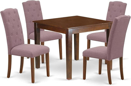 East West Furniture OXCE5-MAH-10 Oxford 5 Piece Modern Dining Set Includes a Square Wooden Table and 4 Dahlia Linen Fabric Upholstered Parson Chairs, 36x36 Inch - LeafyLoom