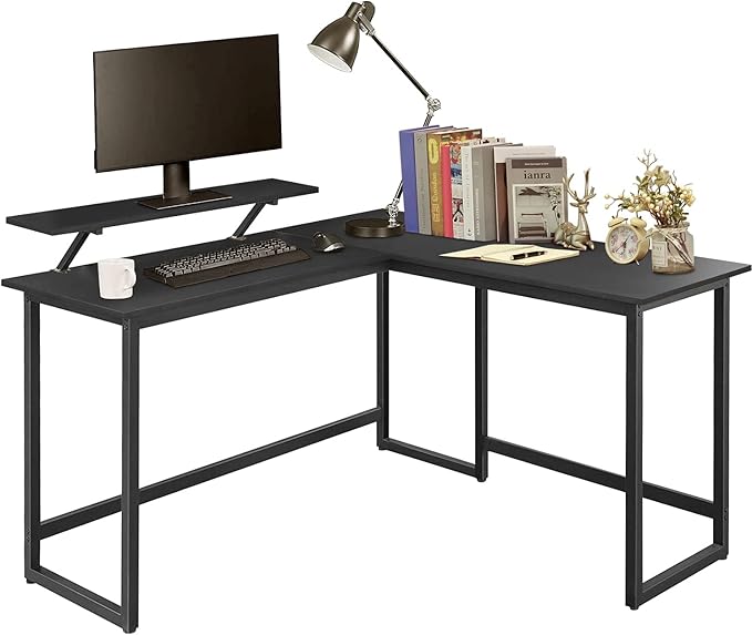 L Shape Computer Desk - Spacious 55 inch Corner Desk Home Office Desk Gaming Desk with Reversible Monitor Stand and Adjustable Feet, Easy Assembly, Black - LeafyLoom