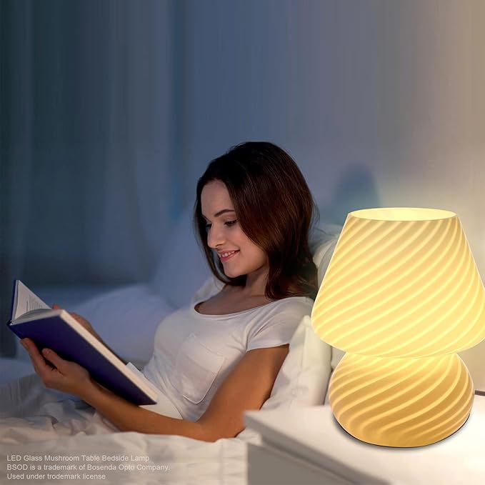 BSOD Mushroom lamp,Glass Mushroom Bedside Table Lamp Translucent Murano Vintage Style Striped Small Nightstand Desklamp Swirl Light for Home Decor, Dining, Living, Bedroom, Gift (Matte White) - LeafyLoom