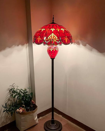 Bieye L10887 Baroque Tiffany Style Stained Glass Double Lit Floor Lamp for Home Decor 64-inch Tall (20-inch Wide, Red) - LeafyLoom