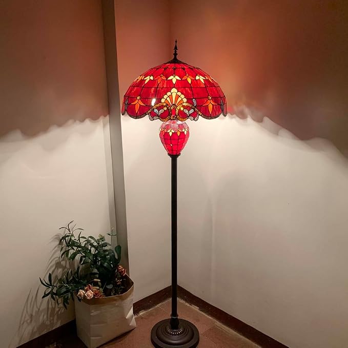 Bieye L10887 Baroque Tiffany Style Stained Glass Double Lit Floor Lamp for Home Decor 64-inch Tall (20-inch Wide, Red) - LeafyLoom