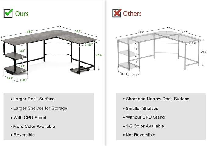 Teraves Reversible L Shaped Desk with Large Surface, 69 Inch Sturdy Corner Desk with Storage Shelves, Premium Office Computer Desk Workstation for Home Office Gaming - LeafyLoom