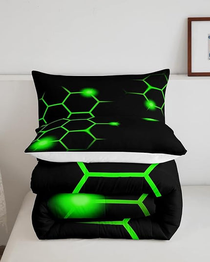 Hexagonal Comforter Set Geometric Honeycomb Bedding Set for Kids Adults Neon Green Black Comforter Modern Hexagon Beehive Quilt Set Ultra Soft Room Decor Full Size Bedroom Collection 3Pcs - LeafyLoom