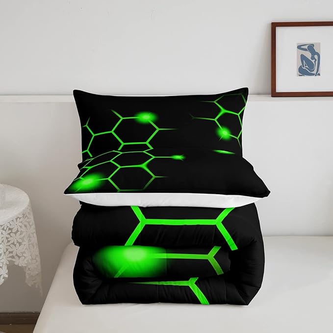 Hexagonal Comforter Set Geometric Honeycomb Bedding Set for Kids Adults Neon Green Black Comforter Modern Hexagon Beehive Quilt Set Ultra Soft Room Decor Full Size Bedroom Collection 3Pcs - LeafyLoom