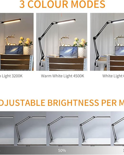 LED Metal Swing Arm Desk Lamp with Clamp, 14W Eye-Caring 3 Modes, 30 Brightness Dimmable, Memory Function/USB Adapter, Architect Table Light for Home Office (White) - LeafyLoom