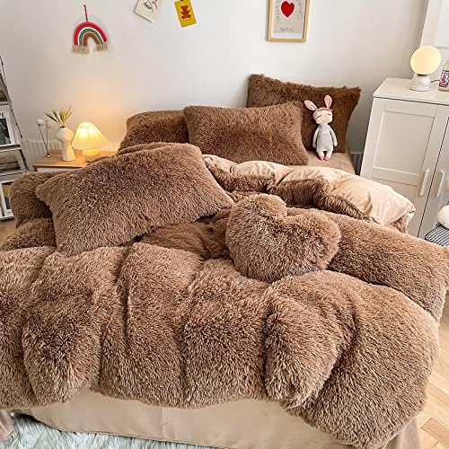 Faux Fur Kids Girls Coffee Comforter Sets Queen - 3PC Bed Set Warm Comfortable Soft Plush Flannel Velvet Fluffy Fuzzy Bedding（Comforter x 1 Pillowcases x 2） - LeafyLoom