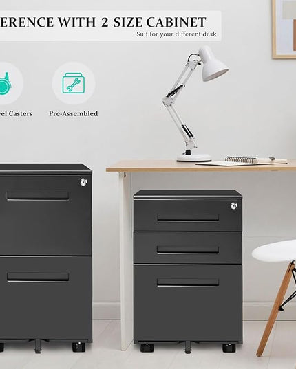 3-Drawer Mobile File Cabinets Rolling Metal Filing Cabinet for Legal & Letter File Anti-tilt Design with Lock Under Desk Office Drawers Fully Assembled Except Casters Black(Style 3) - LeafyLoom