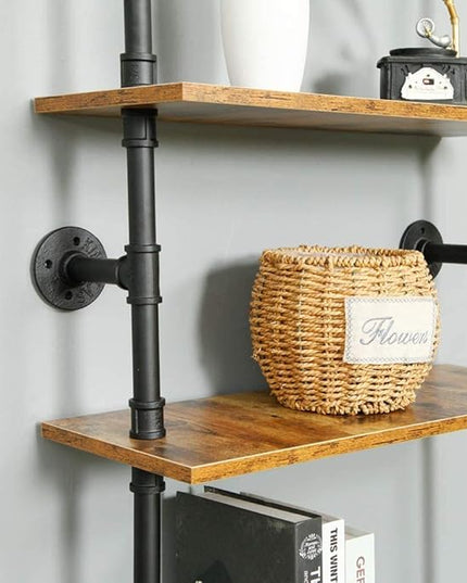 6-Tier Industrial Pipe Shelves Shelf Shelving Rustic Wood Metal Wrought Iron Ladder Bookcase Bookshelf Wall Mounted Mount DIY Loft Vintage Floating Hanging Storage Display (23.6x9.8x78.7”) - LeafyLoom