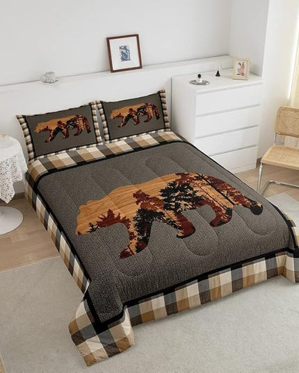 Cute Bear Comforter Set Wild Animal Pattern Bedding Set for Teens Nature Wildlife Bear Bedding Set Western Farmhouse Orange Grey Duvet Set Room Decor Queen Size Duvet Set 3Pcs - LeafyLoom