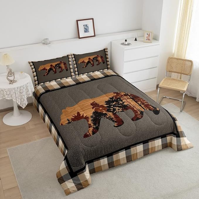 Cute Bear Comforter Set Wild Animal Bedding Set for Teens Nature Wildlife Bear Bedding Set Western Farmhouse Orange Grey Duvet Set Room Decor King Size Duvet Set 3Pcs Boys - LeafyLoom