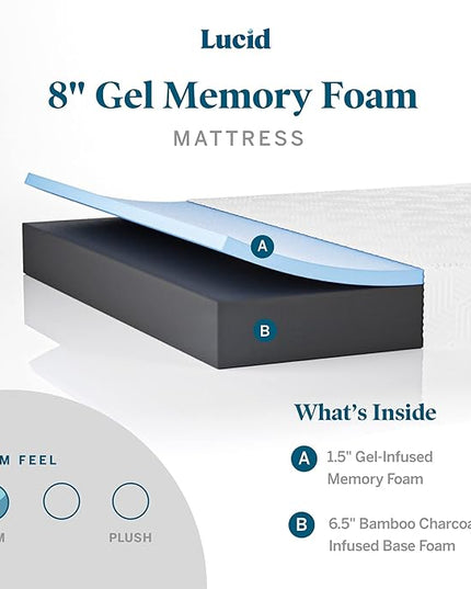 Lucid 8 Inch Twin XL Mattress - Firm Gel Memory Foam Mattress – Bamboo Charcoal Foam –Gel Infused- Hypoallergenic Foam Mattress - LeafyLoom