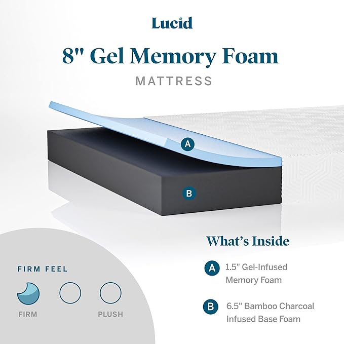Lucid 8 Inch Queen Mattress - Firm Gel Memory Foam Mattress – Bamboo Charcoal Foam –Gel Infused- Hypoallergenic Foam Mattress - LeafyLoom