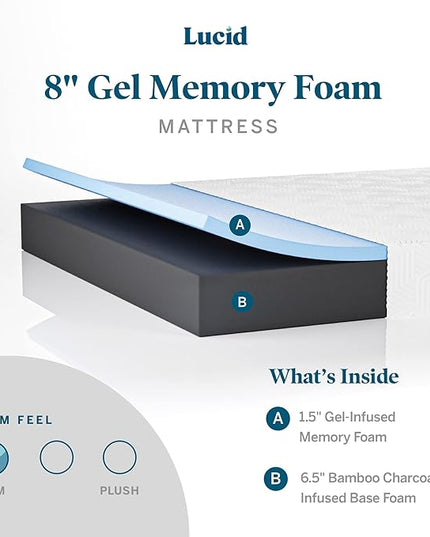 Lucid 8 Inch Twin- Firm Gel Memory Foam Mattress Bamboo Charcoal Foam Gel Infused- Hypoallergenic Foam, White - LeafyLoom