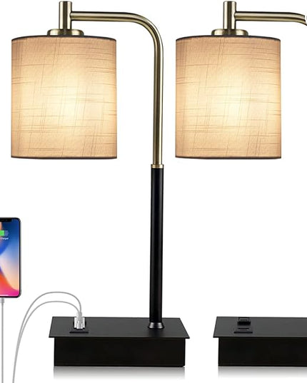 Set of 2 Touch Control Table Lamp 3-Way Dimmable Bedside Nightstand Lamp with USB Type C Port 1 AC Outlet Desk Lamp with Fabric Shade for Bedside, Office, Dorm(2 Bulb Included) - LeafyLoom