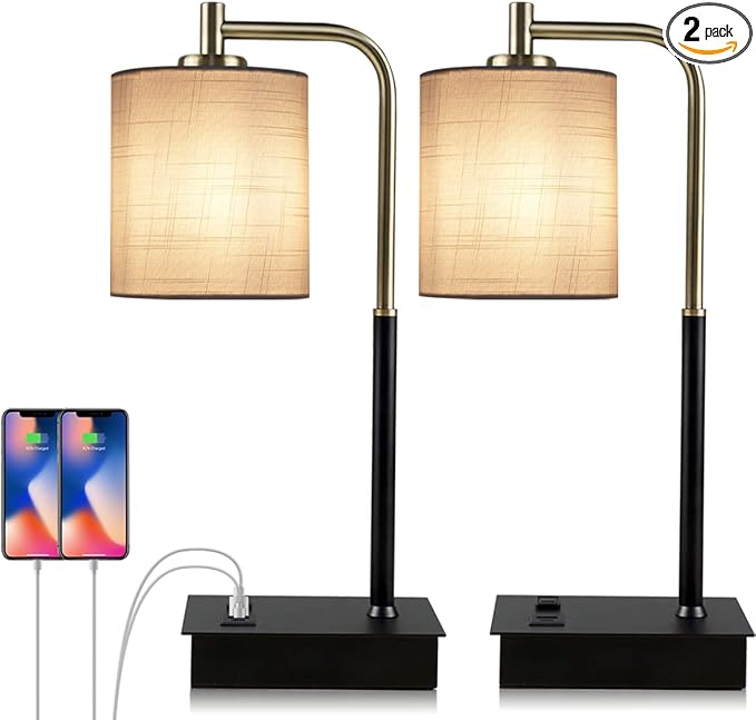Set of 2 Touch Control Table Lamp 3-Way Dimmable Bedside Nightstand Lamp with USB Type C Port 1 AC Outlet Desk Lamp with Fabric Shade for Bedside, Office, Dorm(2 Bulb Included) - LeafyLoom