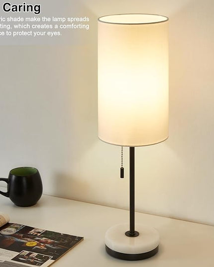 Luvkczc Minimalist Table Lamp Set of 2, Nightstand Lamp for Bedroom Living Room, Modern Pull Chain Bedside Lamp with Marble Base, Fabric Shade, Small Desk Lamp for Home, Office, Reading - LeafyLoom