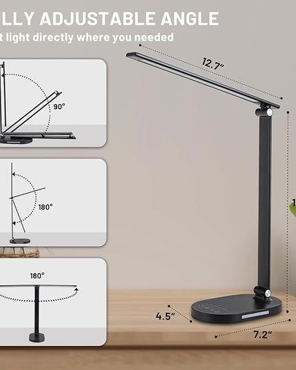 LED Desk Lamp for Home Office, Dimmable Table Lamp with USB Charging Port, 5 Lighting Modes, Sensitive Control, 60 Minutes Auto-Off Timer, Eye-Caring Office Lamp(Black) - LeafyLoom