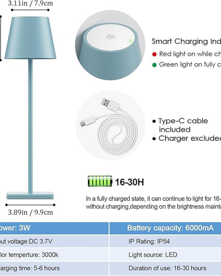 2 Packs Rechargeable LED Table Lamp,Outdoor Cordless Table Lamp Waterproof Portable, Stepless Dimmable Modern Lamp for Restaurant/Bedroom/Outdoor (Blue) - LeafyLoom