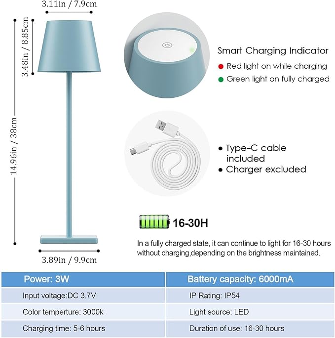 2 Packs Rechargeable LED Table Lamp,Outdoor Cordless Table Lamp Waterproof Portable, Stepless Dimmable Modern Lamp for Restaurant/Bedroom/Outdoor (Blue) - LeafyLoom