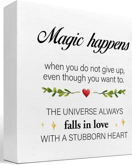 Inspirational Wood Sign,Magic Happens When You Do not Give Up Wood Block Sign Desk Decor,Motivational Sign Wooden Box Plaque Sign for Home College Office Shelf Table Decor Decorations - LeafyLoom