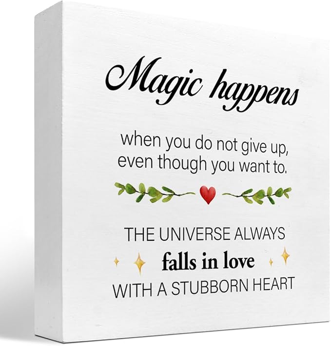 Inspirational Wood Sign,Magic Happens When You Do not Give Up Wood Block Sign Desk Decor,Motivational Sign Wooden Box Plaque Sign for Home College Office Shelf Table Decor Decorations - LeafyLoom