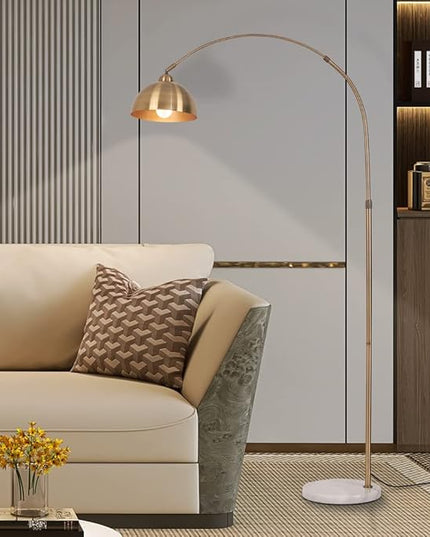 Modern 72in Arc floor lamps,Task Light, metal dome lampshade, marble base, adjustable high standing lighting, suitable for reading corner lamp in living room, study, office, hotel, and bedroom (Gold) - LeafyLoom
