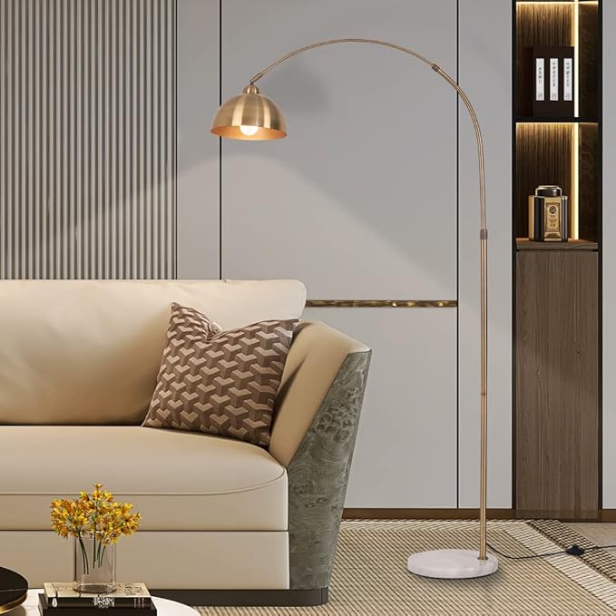 Modern 72in Arc floor lamps,Task Light, metal dome lampshade, marble base, adjustable high standing lighting, suitable for reading corner lamp in living room, study, office, hotel, and bedroom (Gold) - LeafyLoom