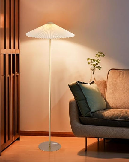 KUNJOULAM Pleated Floor Lamp, Gold Pole Floor Lamps, Simple Design Tall Lamp with Beige Lampshade, Standing Lamp for Living Room, Bedroom, Office, Home - LeafyLoom