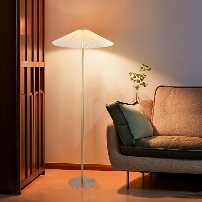 KUNJOULAM Pleated Floor Lamp, Gold Pole Floor Lamps, Simple Design Tall Lamp with Beige Lampshade, Standing Lamp for Living Room, Bedroom, Office, Home - LeafyLoom