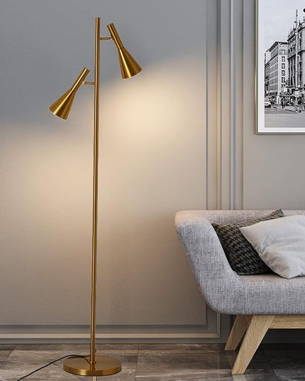 Modern Floor Lamp with 2 Adjustable Head Tall Pole Lamp Stand Up Lamp for Living Room, Bedroom, Office Tree Floor Lamps, Rotating Swivel Corner reading lamps,Gold Floor Lamp(Bulbs Not Included) - LeafyLoom