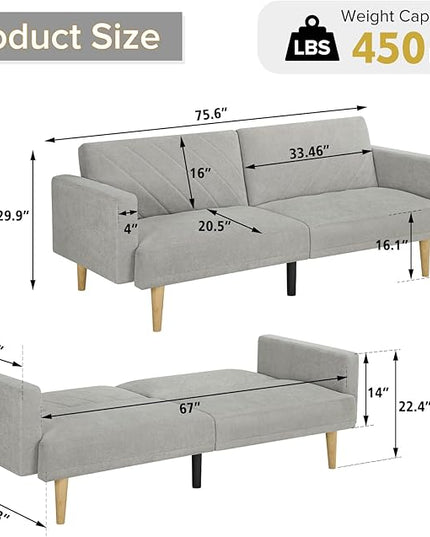 Folding Futon Sofa Tapered Wood Legs,Modern Space Saving Couch,Easily Converts to Single Bed,Easy Assembly,Multi-Functional Loveseat Ideal for Small Home Living Room,Grey, 76" - LeafyLoom