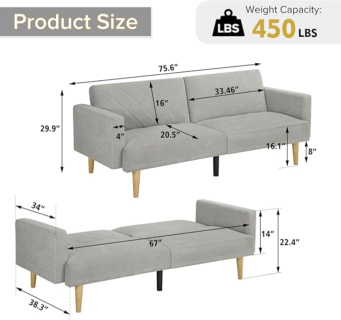 Folding Futon Sofa Tapered Wood Legs,Modern Space Saving Couch,Easily Converts to Single Bed,Easy Assembly,Multi-Functional Loveseat Ideal for Small Home Living Room,Grey, 76" - LeafyLoom