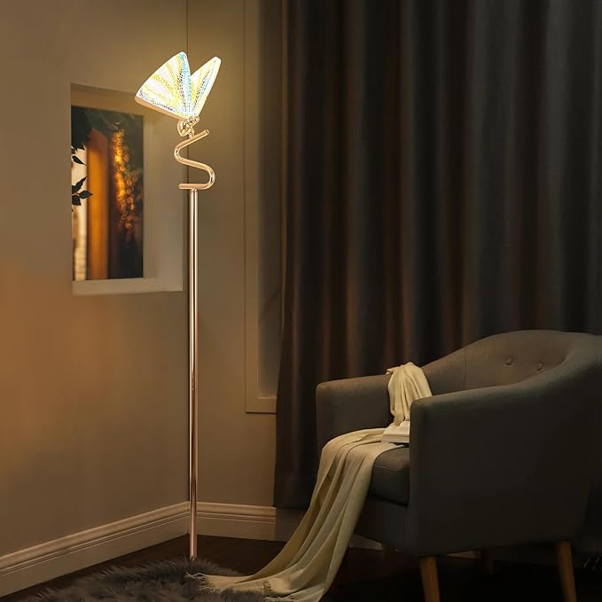 O'NEELDY Gold Butterfly, Decorative Goose Neck Design, 12W LED Standing Tall Lamp for Living Room, 4000K Warm White Energy-Saving Modern Floor Lamp for Bedroom Office, Acrylic - LeafyLoom